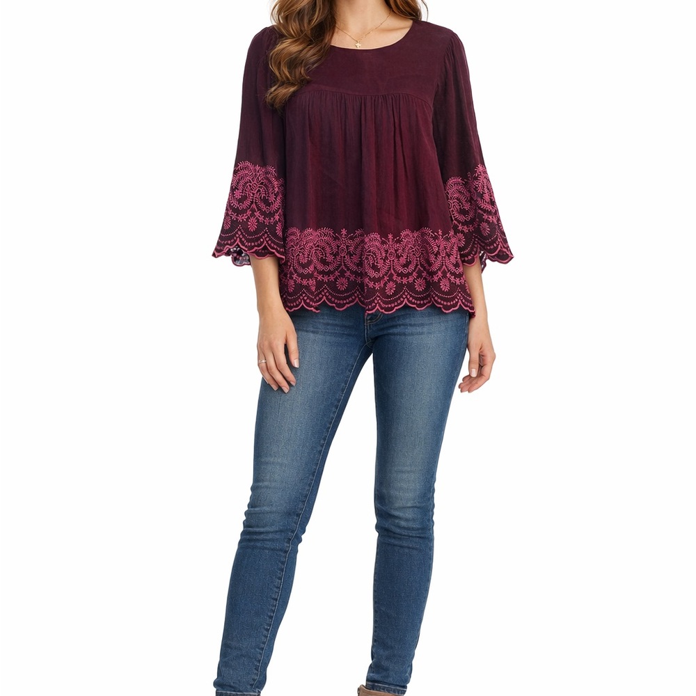 Francesca's Size Medium Maroon Purple/Pink Embroidered Tie-Back Top